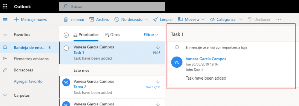 Result of the executions flow in Outlook